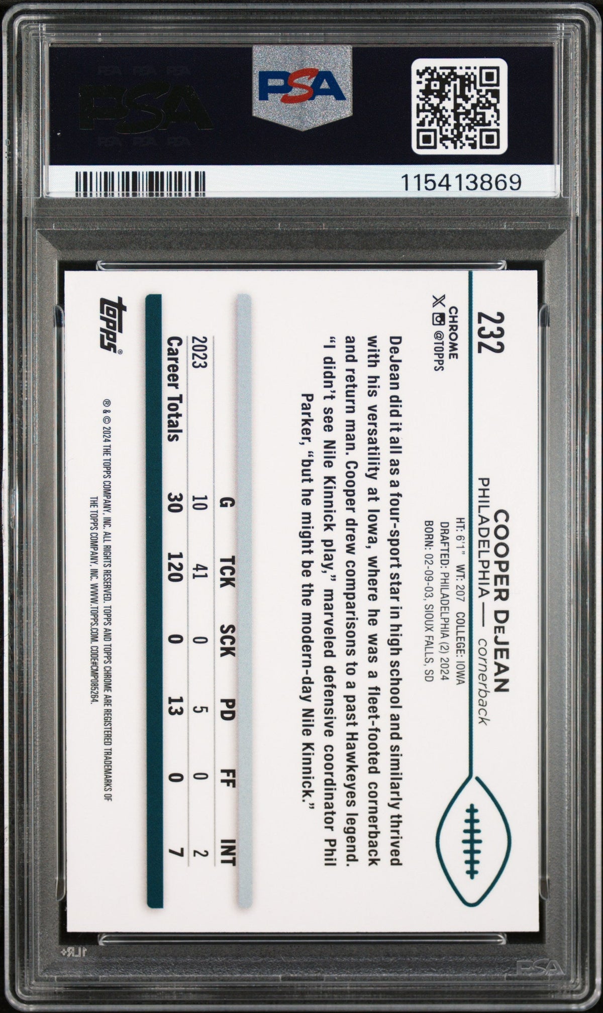 Graded 2024 Topps Chrome Cooper DeJean #232 Rookie RC Football Card PSA 9 Mint