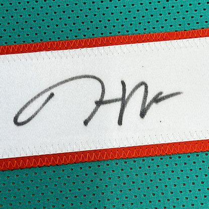 Framed Autographed/Signed Jaylen Waddle 35x39 Miami Teal Football Jersey Beckett BAS COA