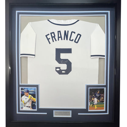 Framed Autographed/Signed Wander Franco 35x39 Tampa Bay White Baseball Jersey JSA COA