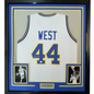 Framed Autographed/Signed Jerry West 35x39 West Virginia White College Basketball Jersey JSA COA