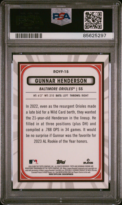 Graded 2023 Topps Bowman Gunnar Henderson #ROYF15 Rookie of the Year Favorites Rookie RC Baseball Card PSA 10 Gem Mint