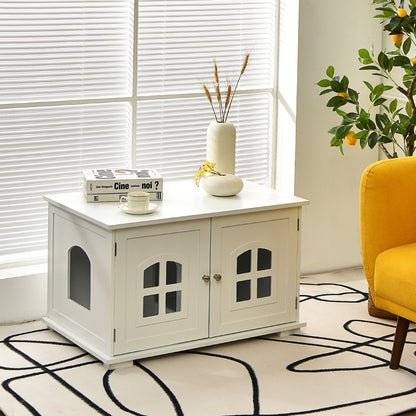 Large Wooden Cat Litter Box Enclosure Hidden Cat Washroom with Divider White
