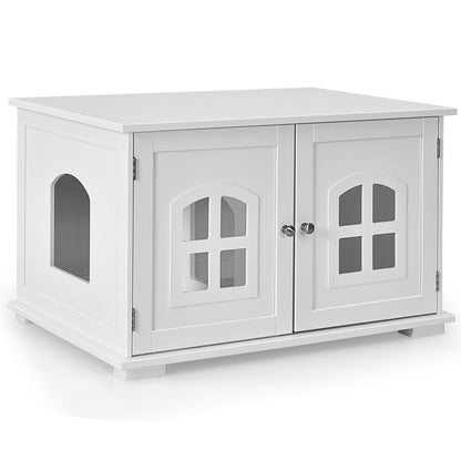 Large Wooden Cat Litter Box Enclosure Hidden Cat Washroom with Divider White