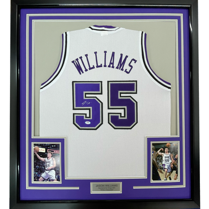 Framed Autographed/Signed Jason Williams 35x39 Sacramento White Basketball Jersey PSA/DNA COA