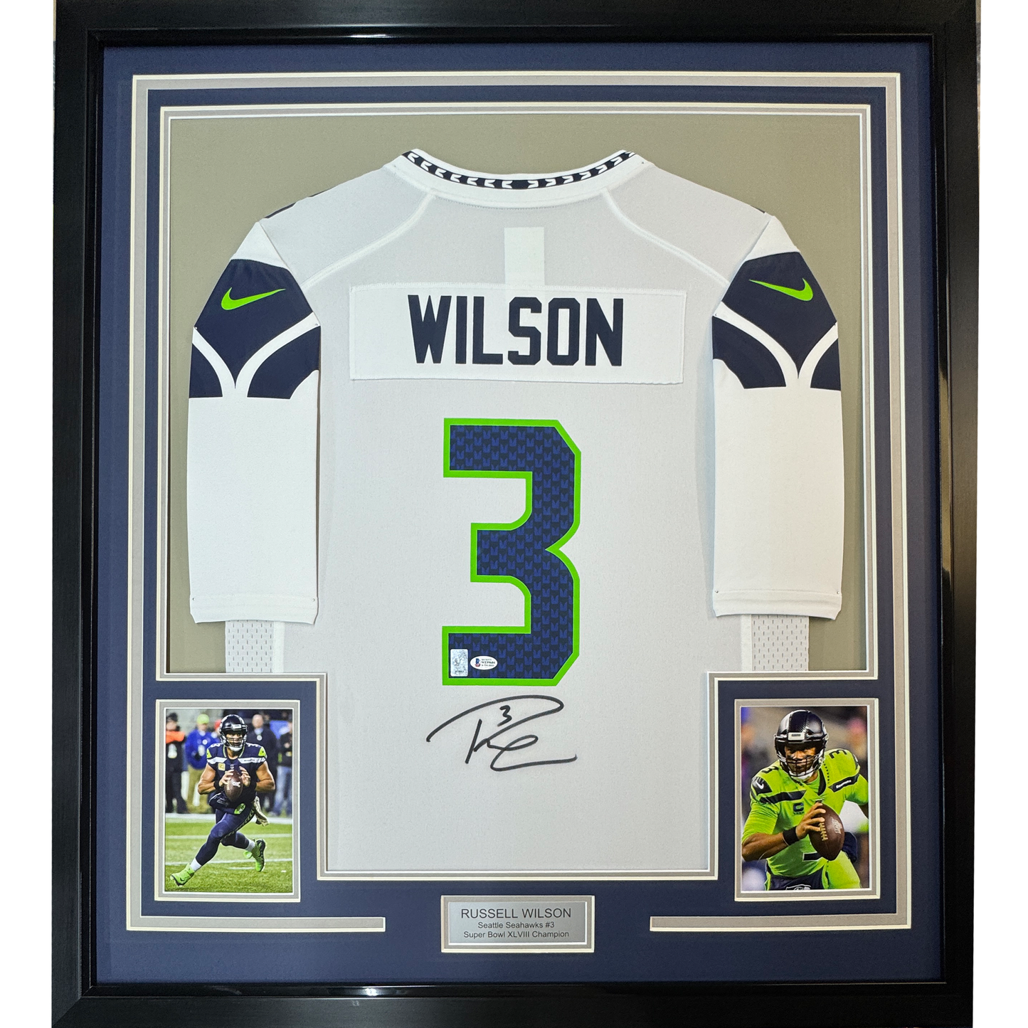 Framed Autographed/Signed Russell Wilson 35x39 Seattle Seahawks White Authentic Football Jersey Beckett BAS COA