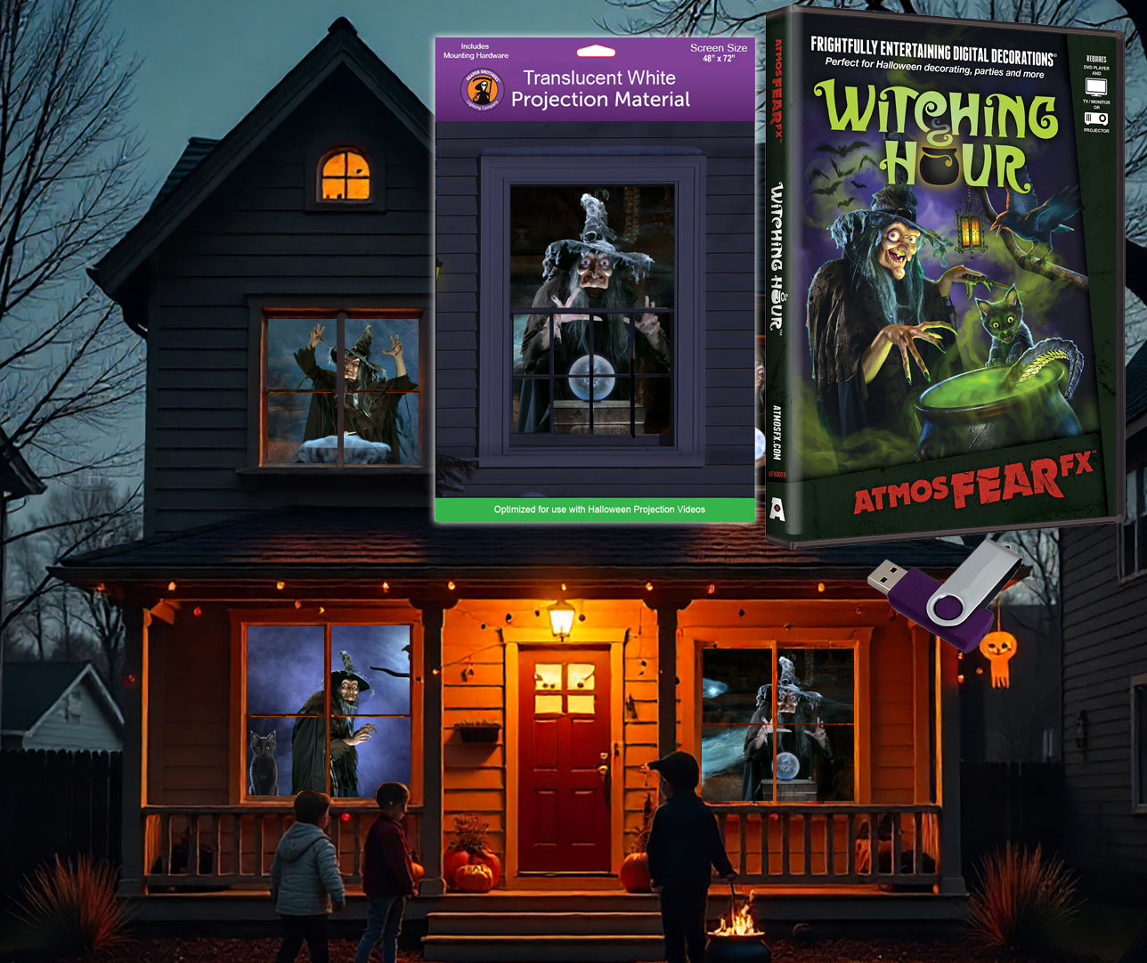 AtmosFX Halloween Digital Decoration USB - Witching Hour + 48" x 72" Projection Screen