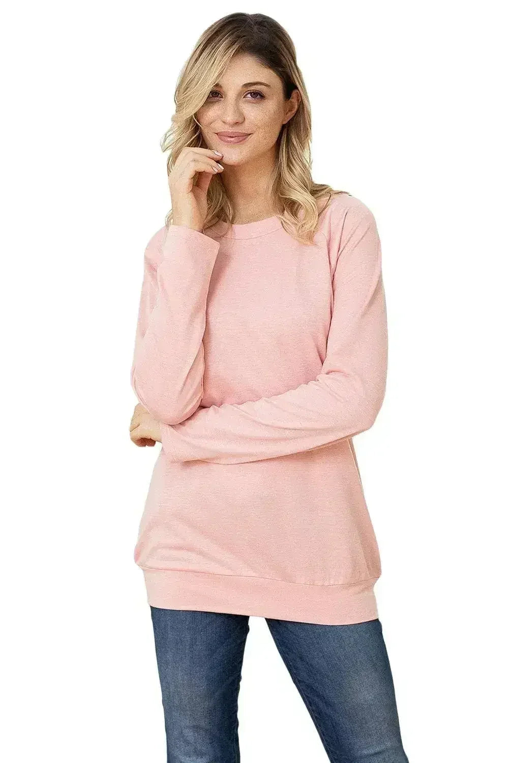 Women Gold Zip Detail Pink Pullover Sweatshirt