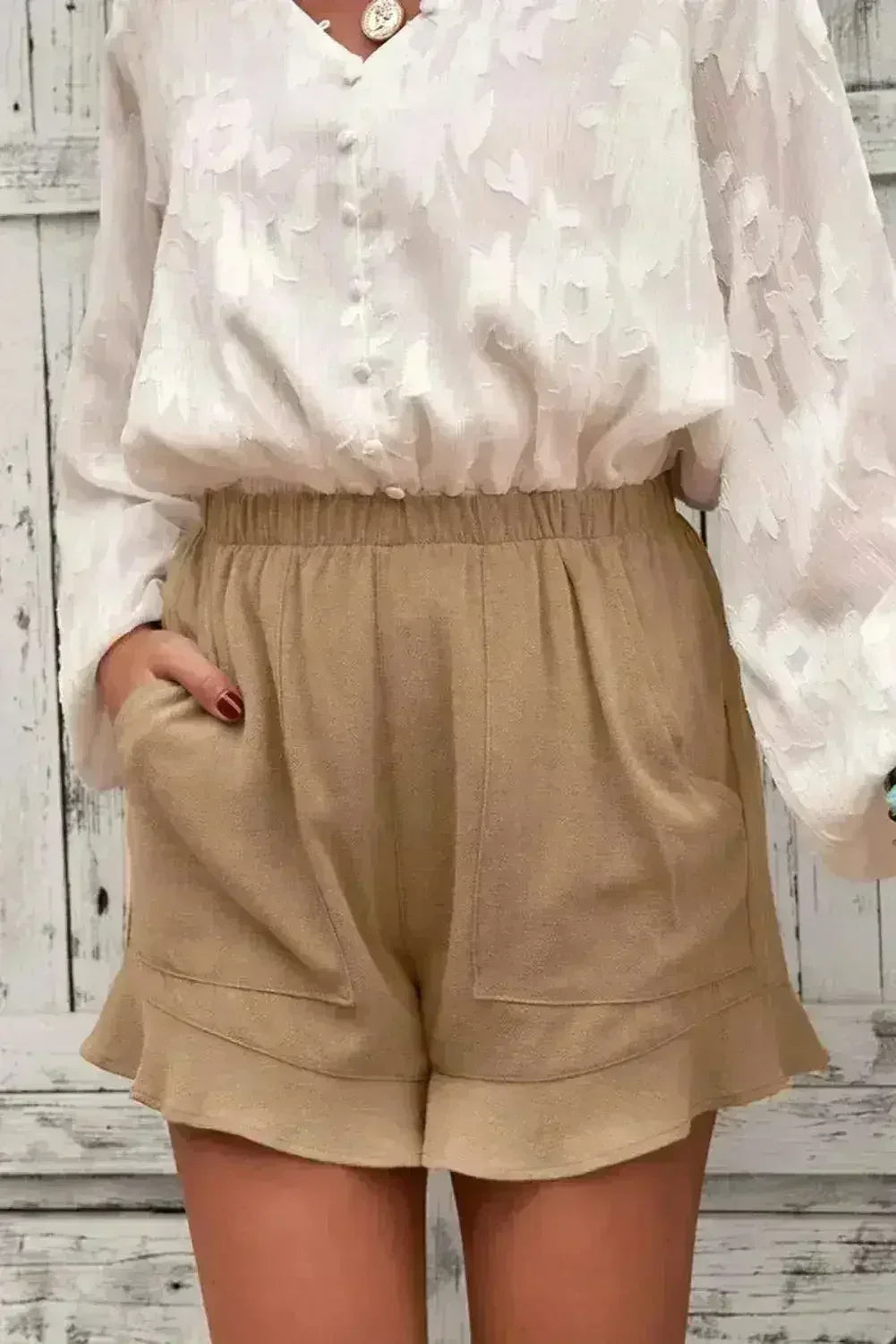 Khaki Flutter Shorts – Women Casual Pockets | Polyester-Spandex Blend