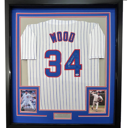 Framed Autographed/Signed Kerry Wood 35x39 Chicago Pinstripe Baseball Jersey PSA/DNA COA