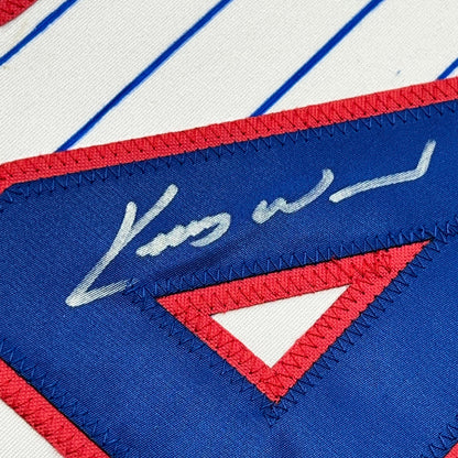 Framed Autographed/Signed Kerry Wood 35x39 Chicago Pinstripe Baseball Jersey PSA/DNA COA