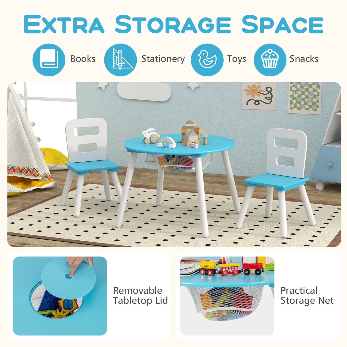 Kids Table and Chair Set with Mesh Storage - 3 Piece