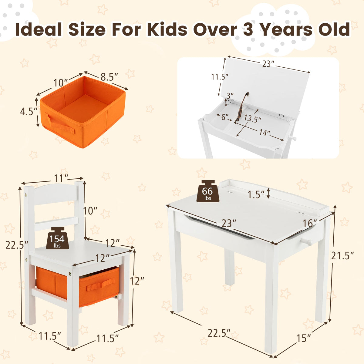 Flip-Top Wood Kids Activity Table and Chair Set with Hidden Storage Space-White