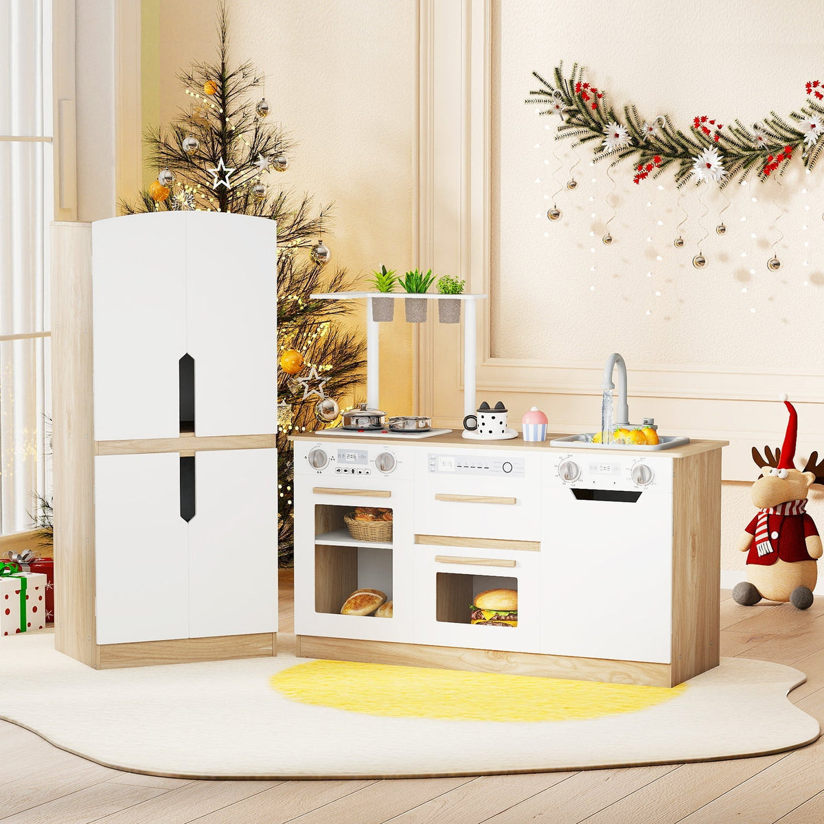 Wooden 2 Piece Kids Kitchen Playset with Fridge and Running Water
