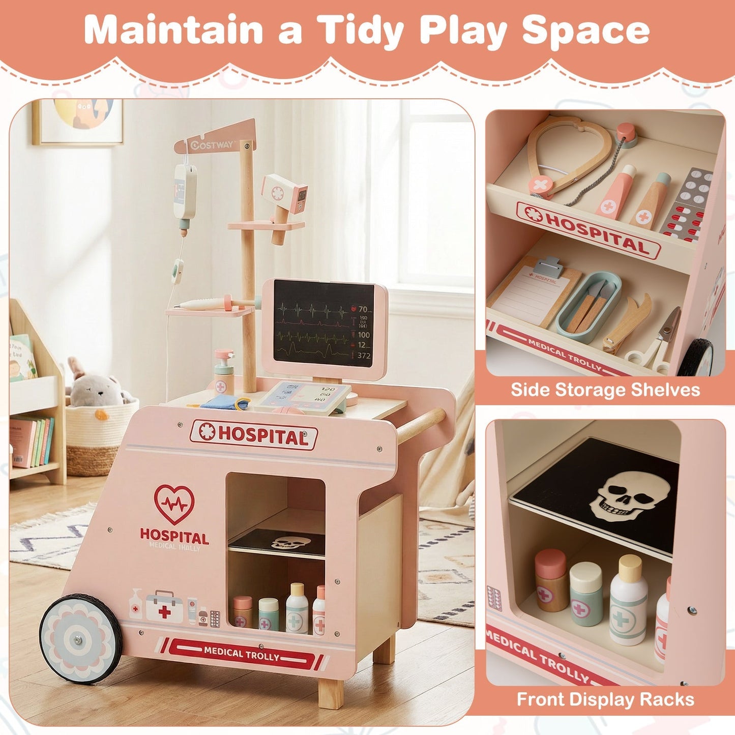 Wooden Doctor Playset for Kids Pretend Play Doctor Kit with Cart Gift for Toddlers Boys Girls Aged 3+