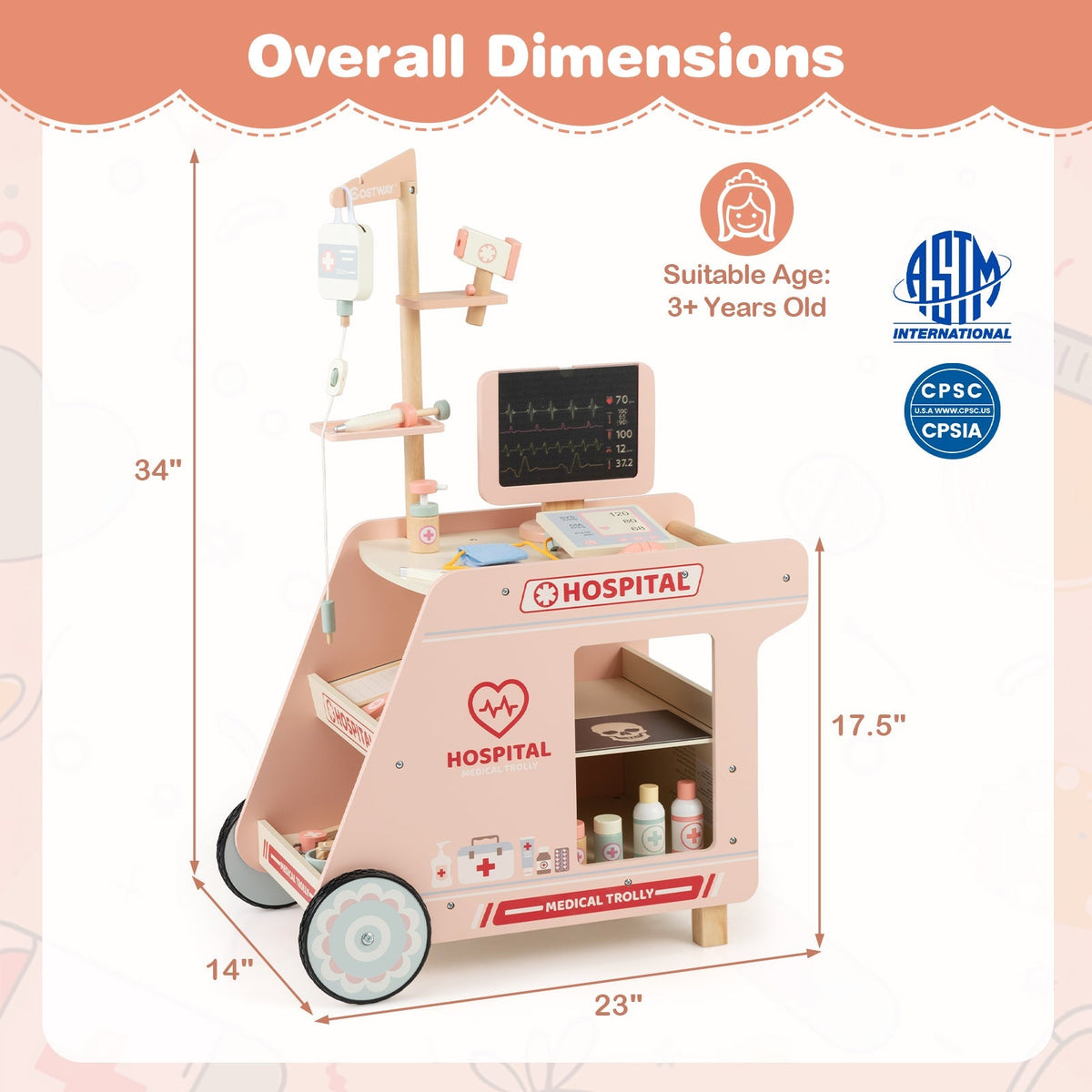 Wooden Doctor Playset for Kids Pretend Play Doctor Kit with Cart Gift for Toddlers Boys Girls Aged 3+