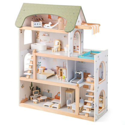 Wooden Dollhouse Kids DIY Pretend Playhouse with 33 PCS Furniture Accessories-Green