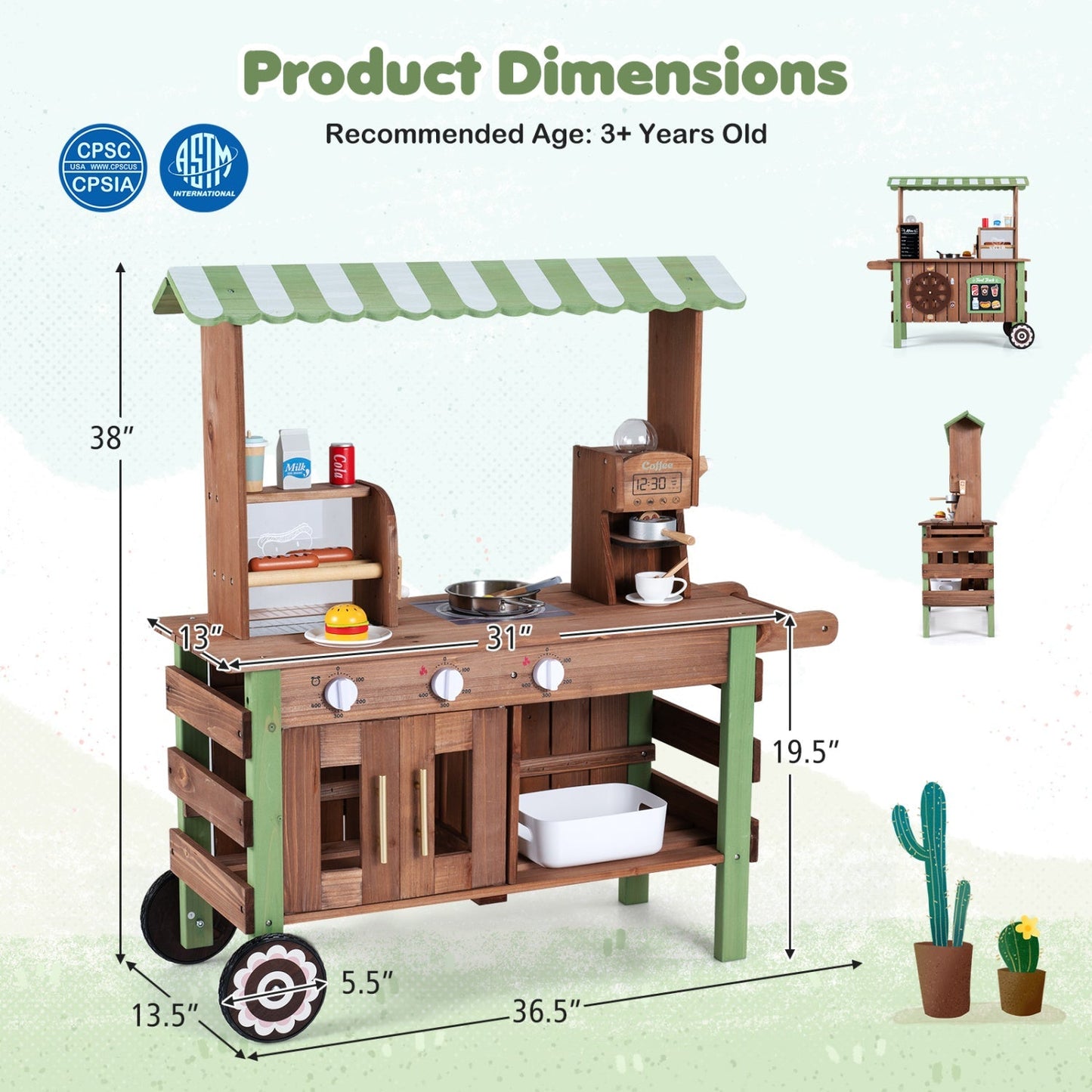 Wooden Grocery Store Playset with Wheels for Kids