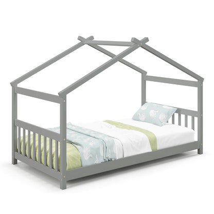Twin Size Wooden House Bed with Roof