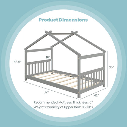 Twin Size Wooden House Bed with Roof
