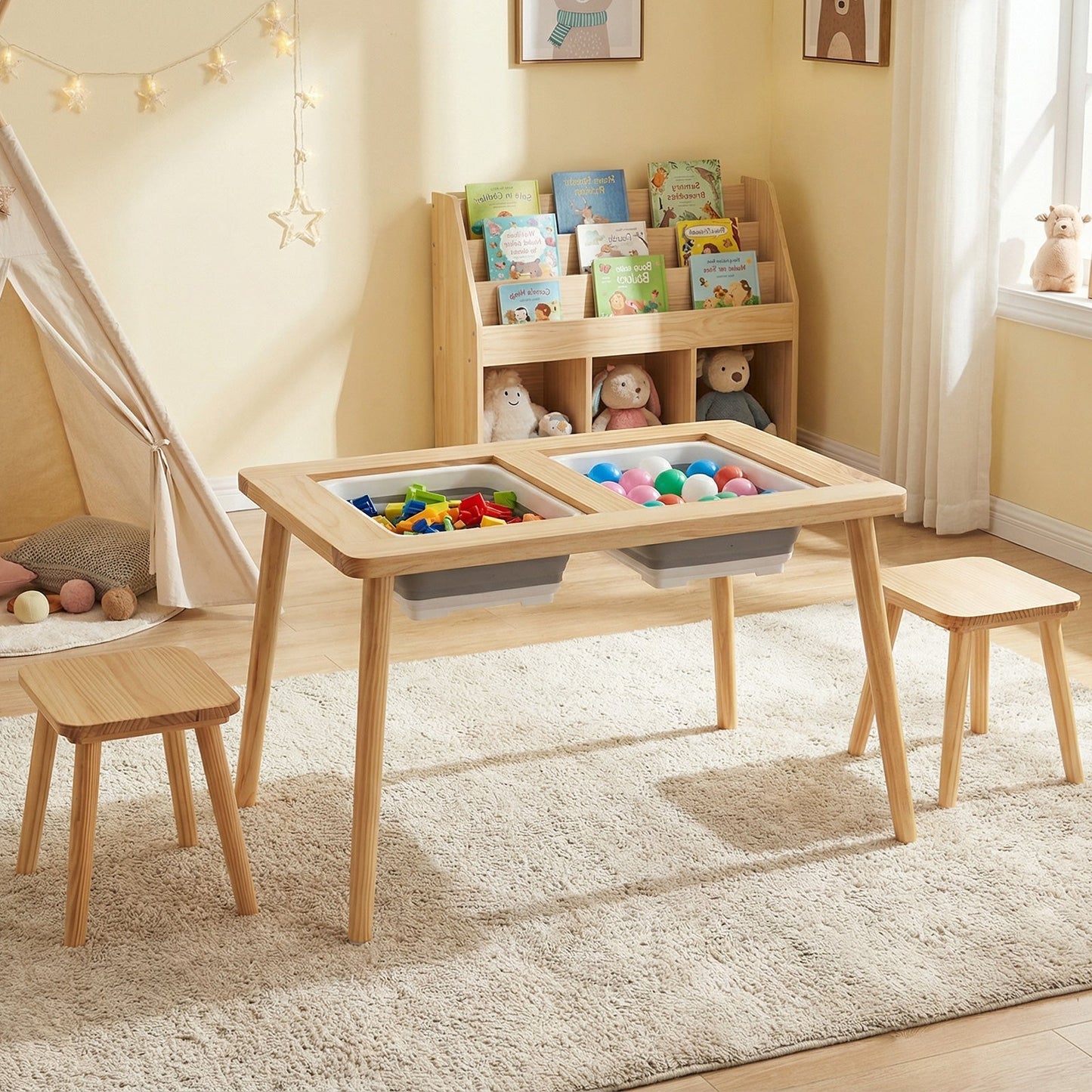 Wooden Kids Activity Table Set with 2 Foldable Storage Bins-Natural