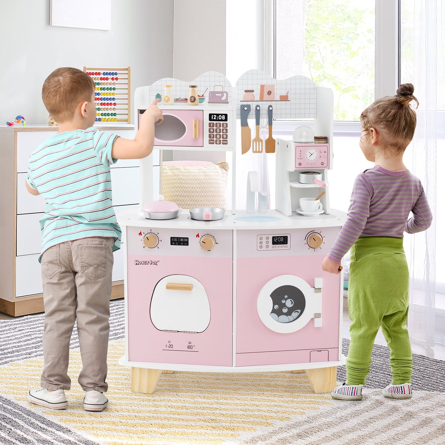 Wooden Kids Kitchen Playset with Coffee Maker for kids-Pink
