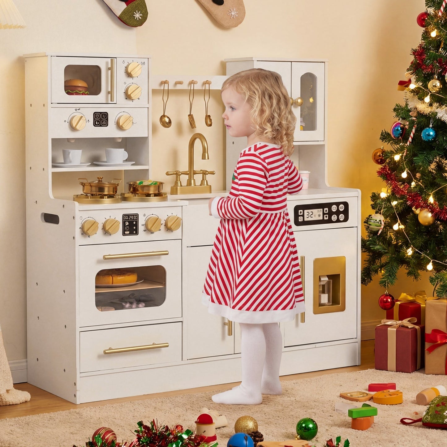 Wooden Kids Kitchen Playset with Realistic Lights and Sounds