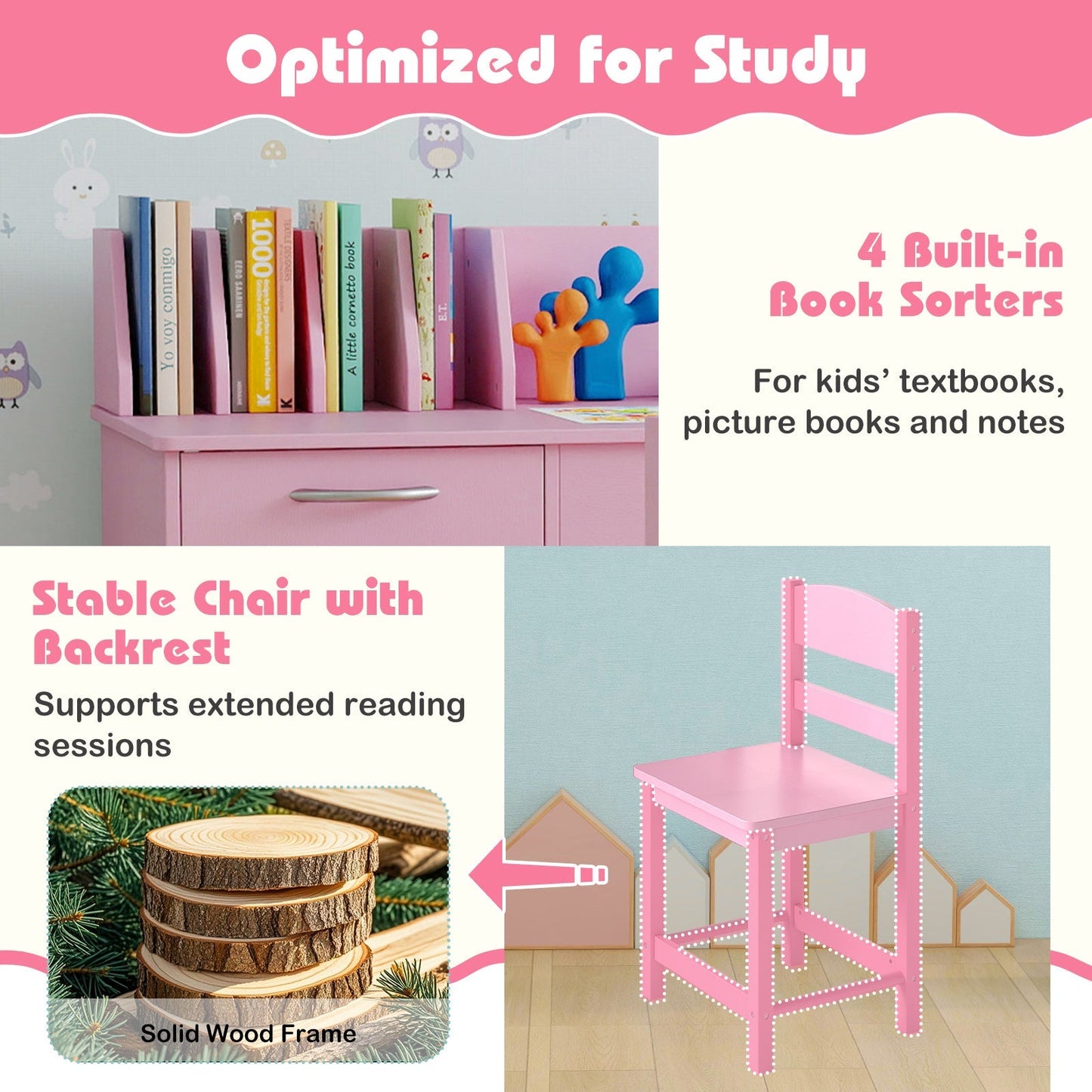 Wooden Kids Study Desk and Chair Set Student Workstation