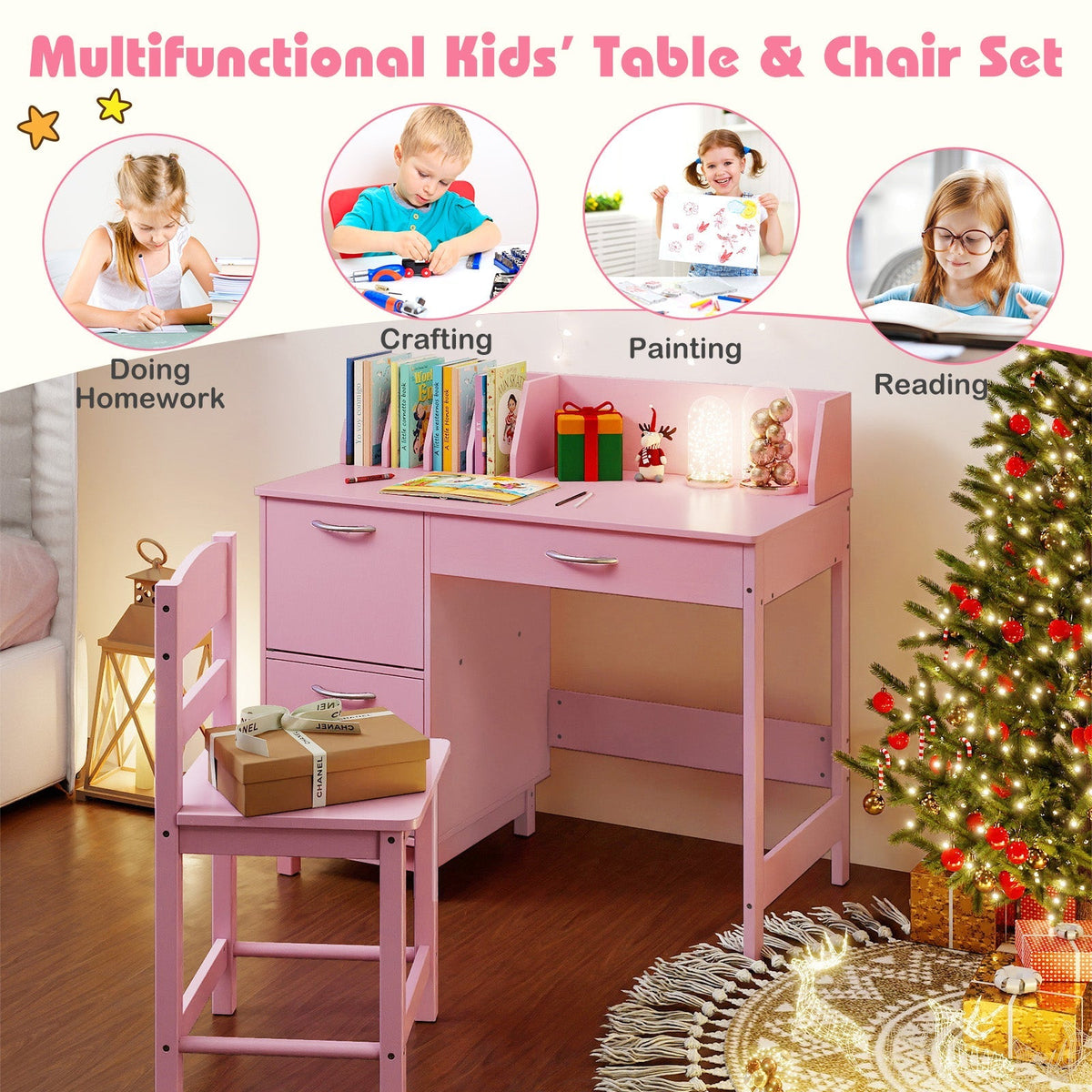 Wooden Kids Study Desk and Chair Set Student Workstation