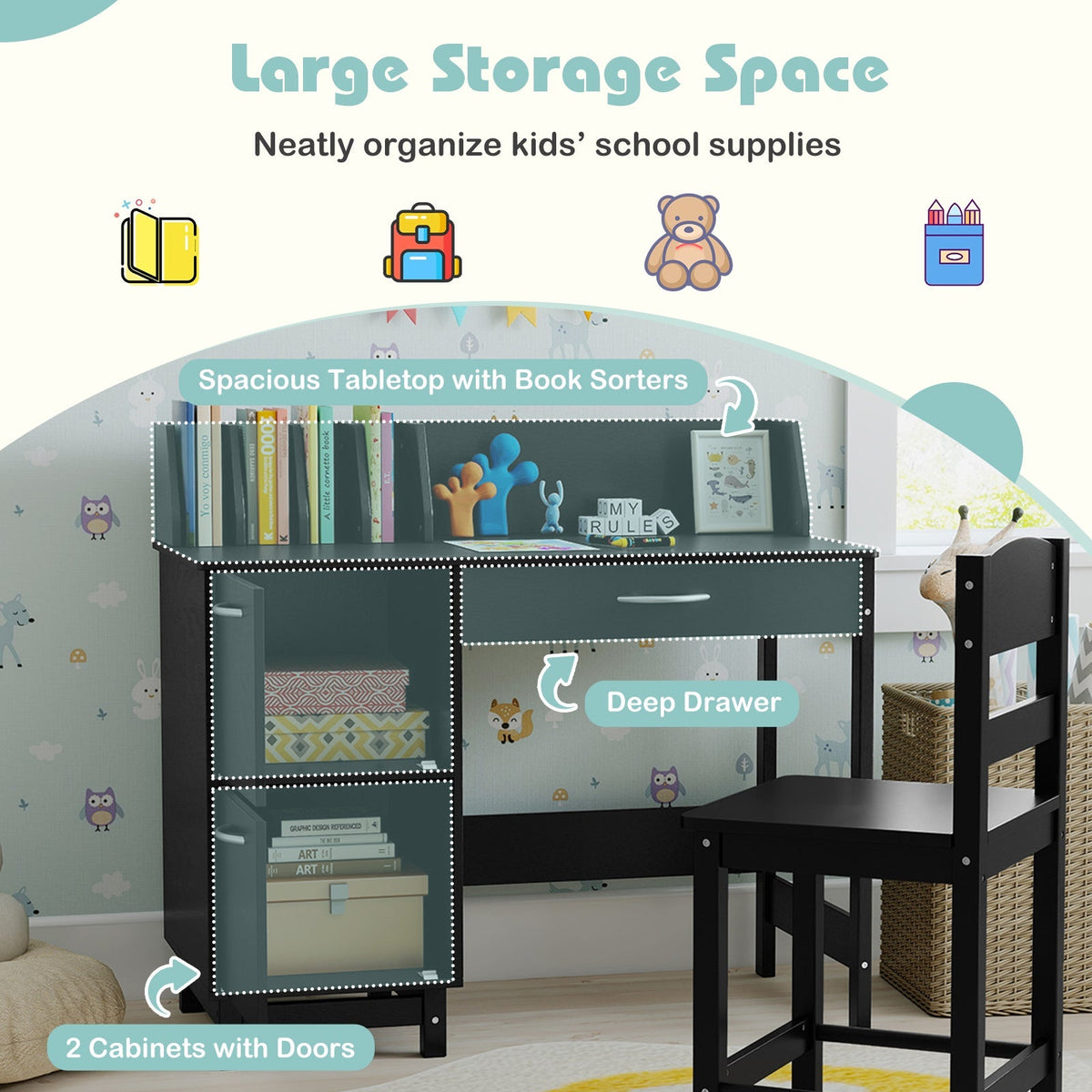 Wooden Kids Study Desk and Chair Set Student Workstation