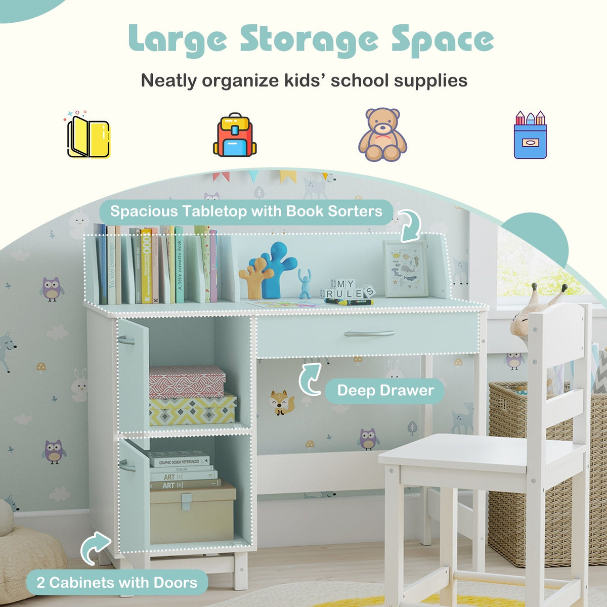 Wooden Kids Study Desk and Chair Set Student Workstation