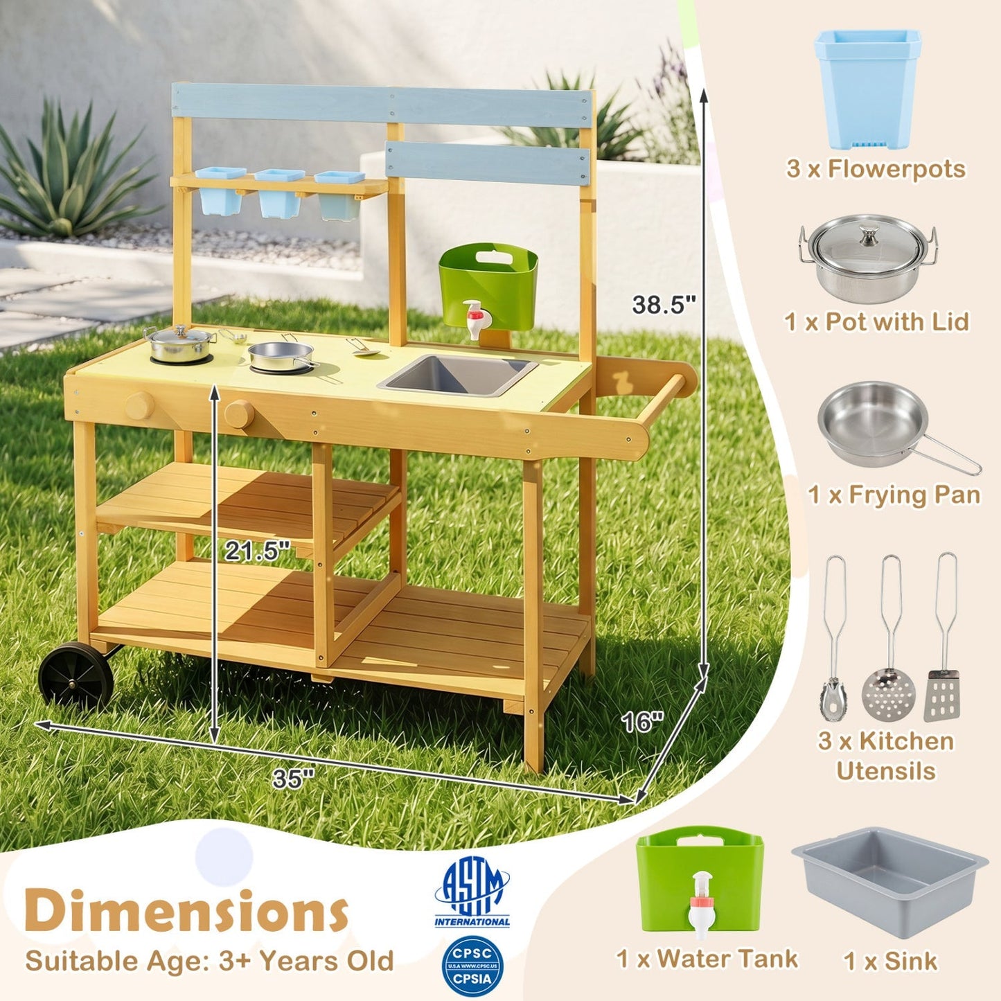 Wooden Outdoor Mud Kitchen for Kids with Wheels - Yellow