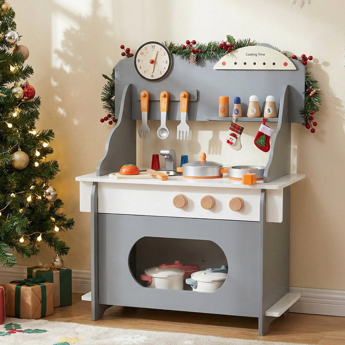 Wooden Play Kitchen for Kids Pretend Play Toy Kitchen Set with Clock Gift for Boys and Girls 3 +Pink
