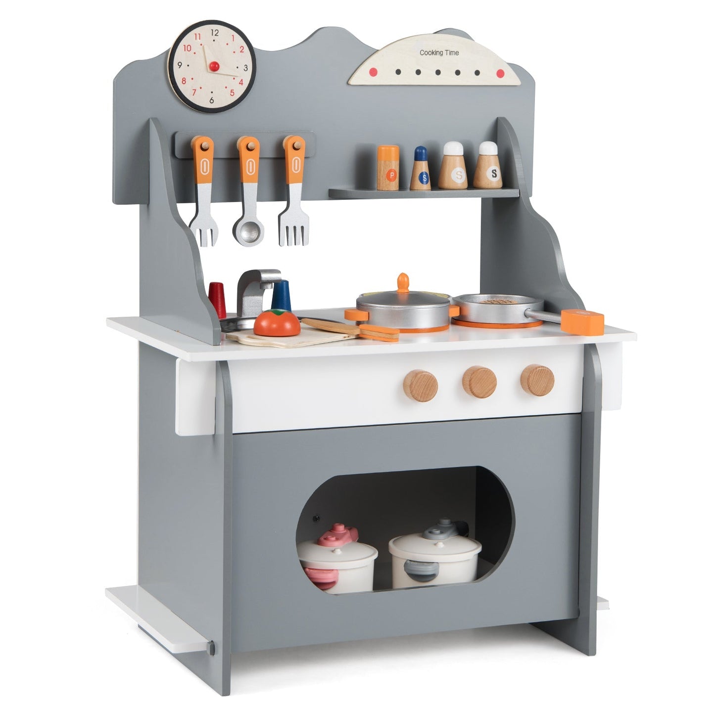 Wooden Play Kitchen for Kids Pretend Play Toy Kitchen Set with Clock Gift for Boys and Girls 3 +Pink