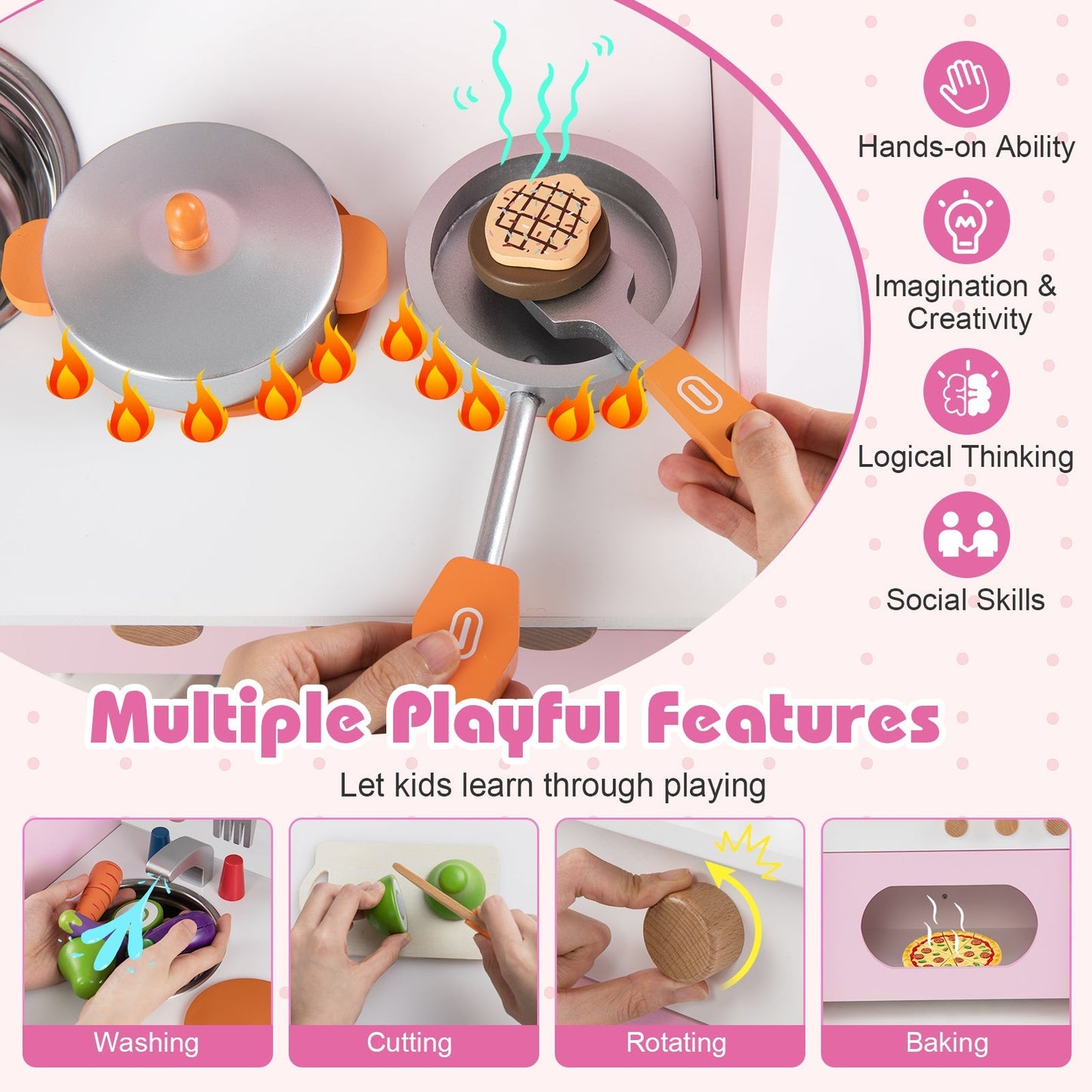 Wooden Play Kitchen for Kids Pretend Play Toy Kitchen Set with Clock Gift for Boys and Girls 3 +Pink