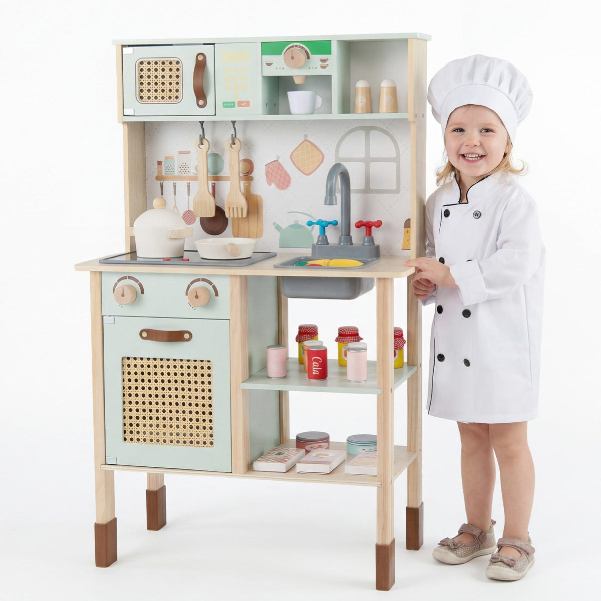 Wooden Play Kitchen for Kids with Lights and Sounds Retro Style With Accessories-Green