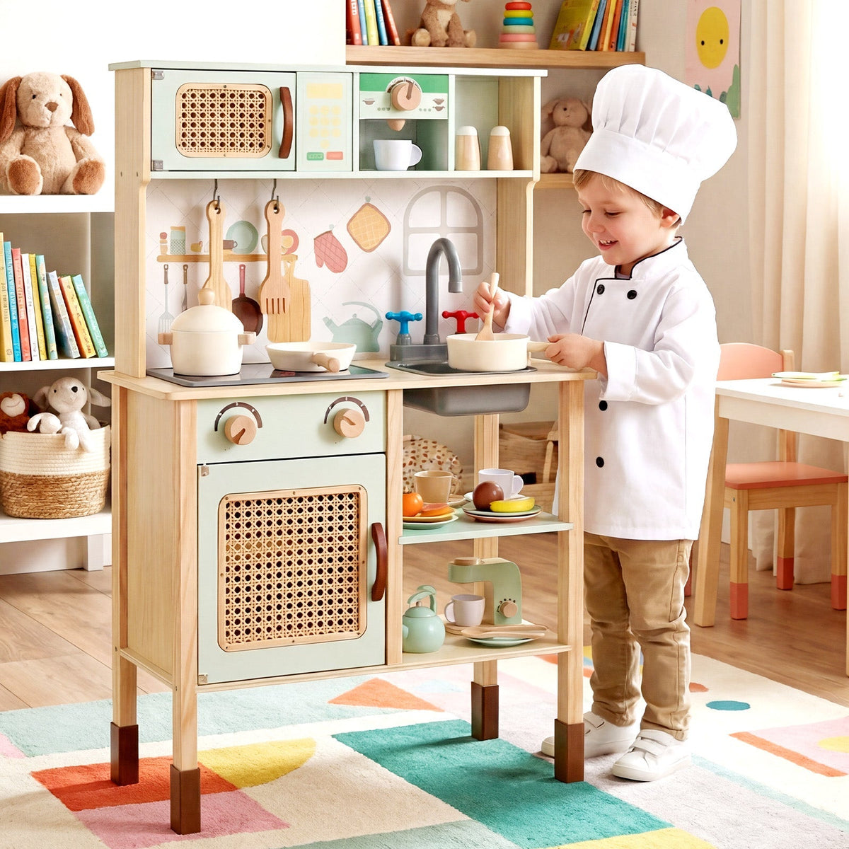 Wooden Play Kitchen for Kids with Lights and Sounds Retro Style With Accessories-Green