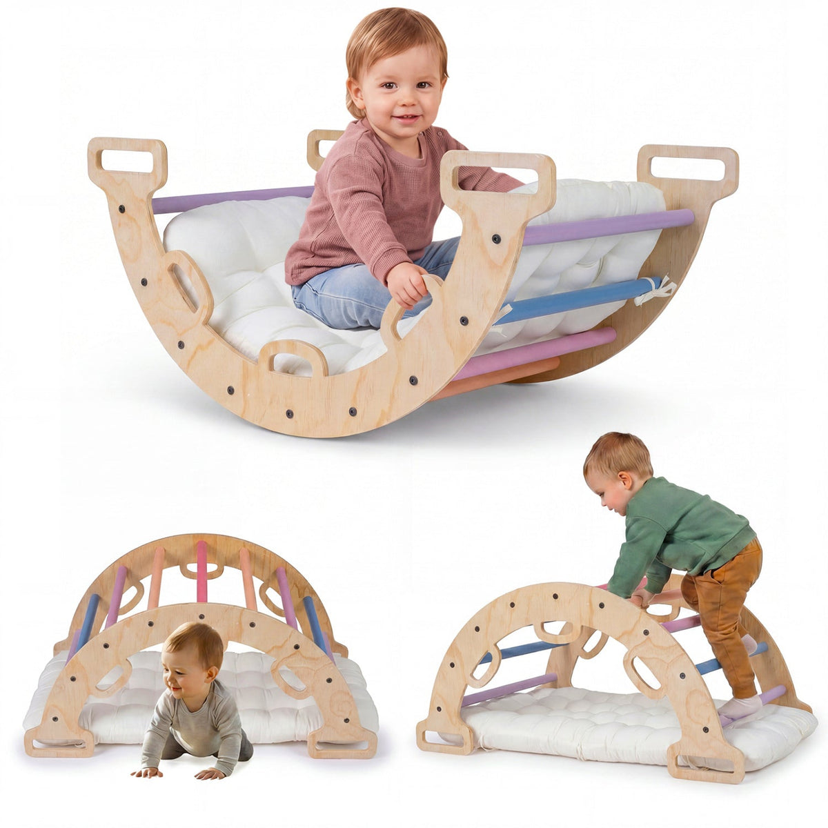 Wooden Rocking Climbing Arch with Cushion 3-in-1 Montessori