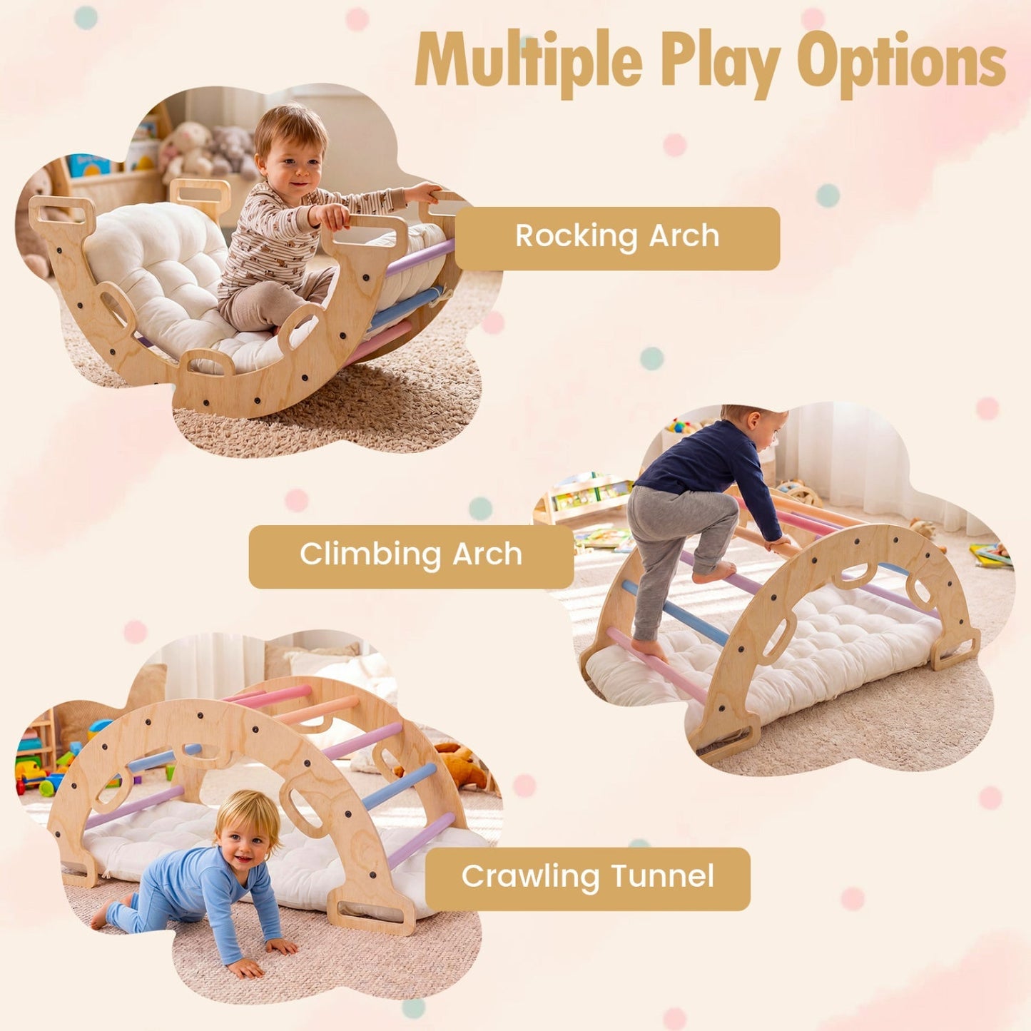 Wooden Rocking Climbing Arch with Cushion 3-in-1 Montessori
