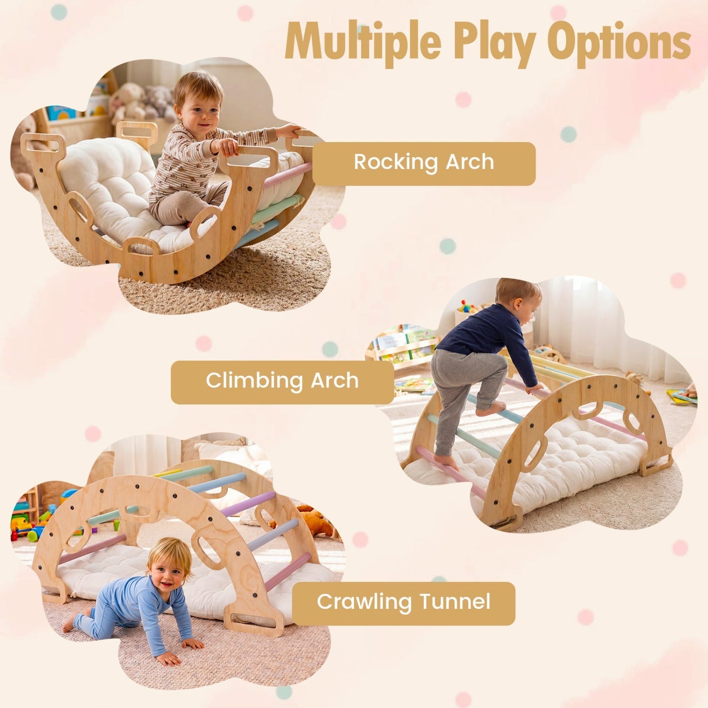 Wooden Rocking Climbing Arch with Cushion 3-in-1 Montessori