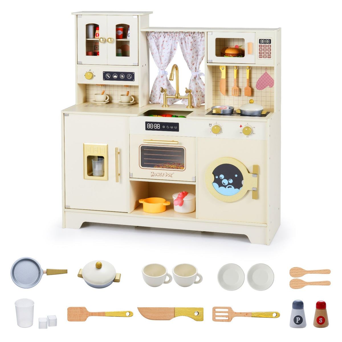 Wooden Toy Kitchen Playset with 14 Accessories for Aged 3+ Years-Beige