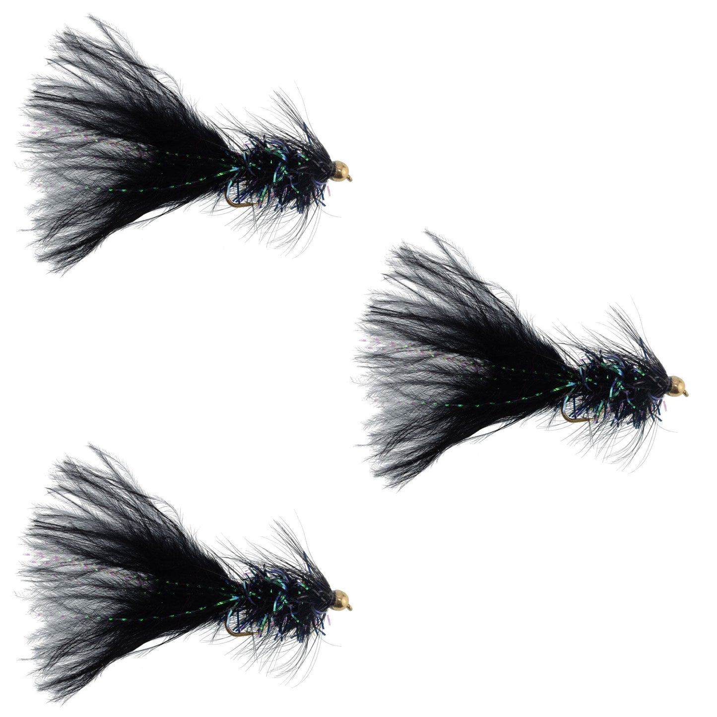 3 Pack Black Bead Head Crystal Woolly Bugger Streamer -  Size 8