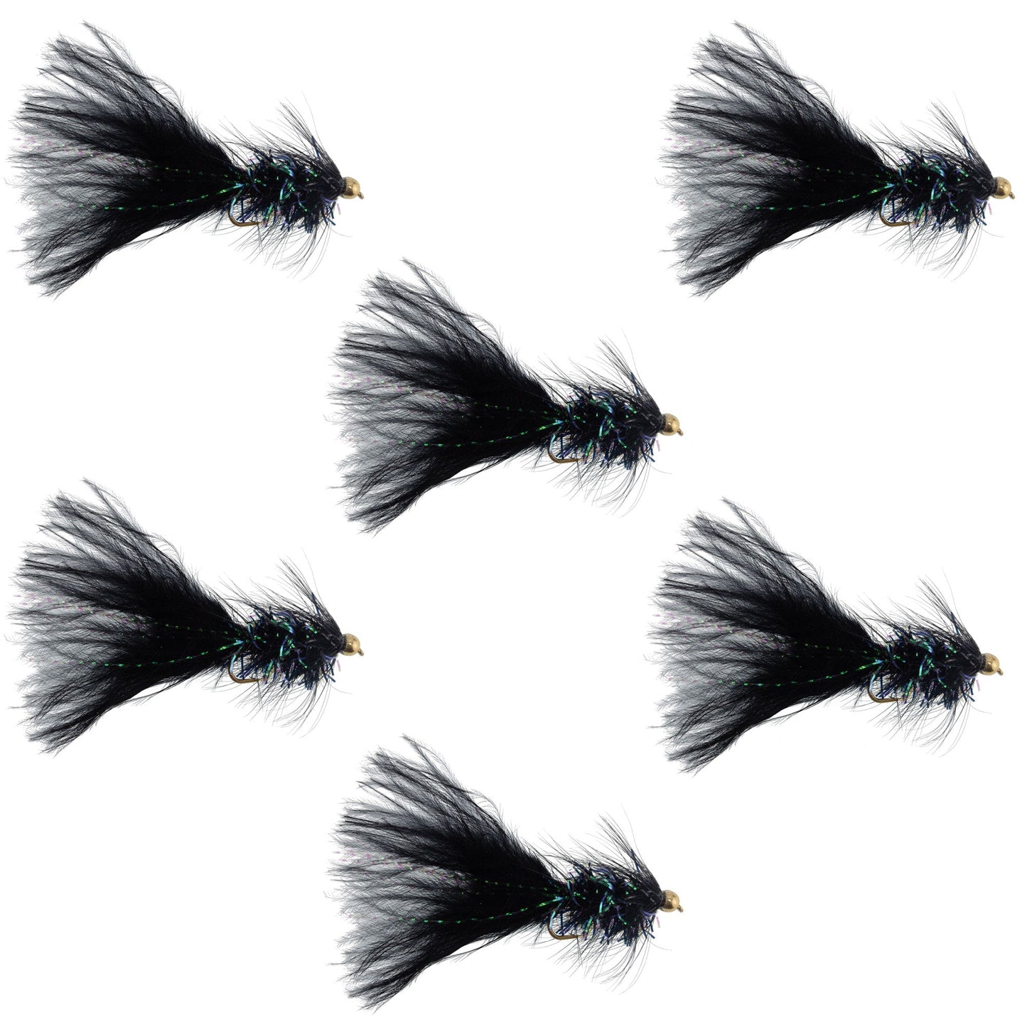 Bead Head Crystal Woolly Bugger Streamer Black - 6 Flies - Size 8