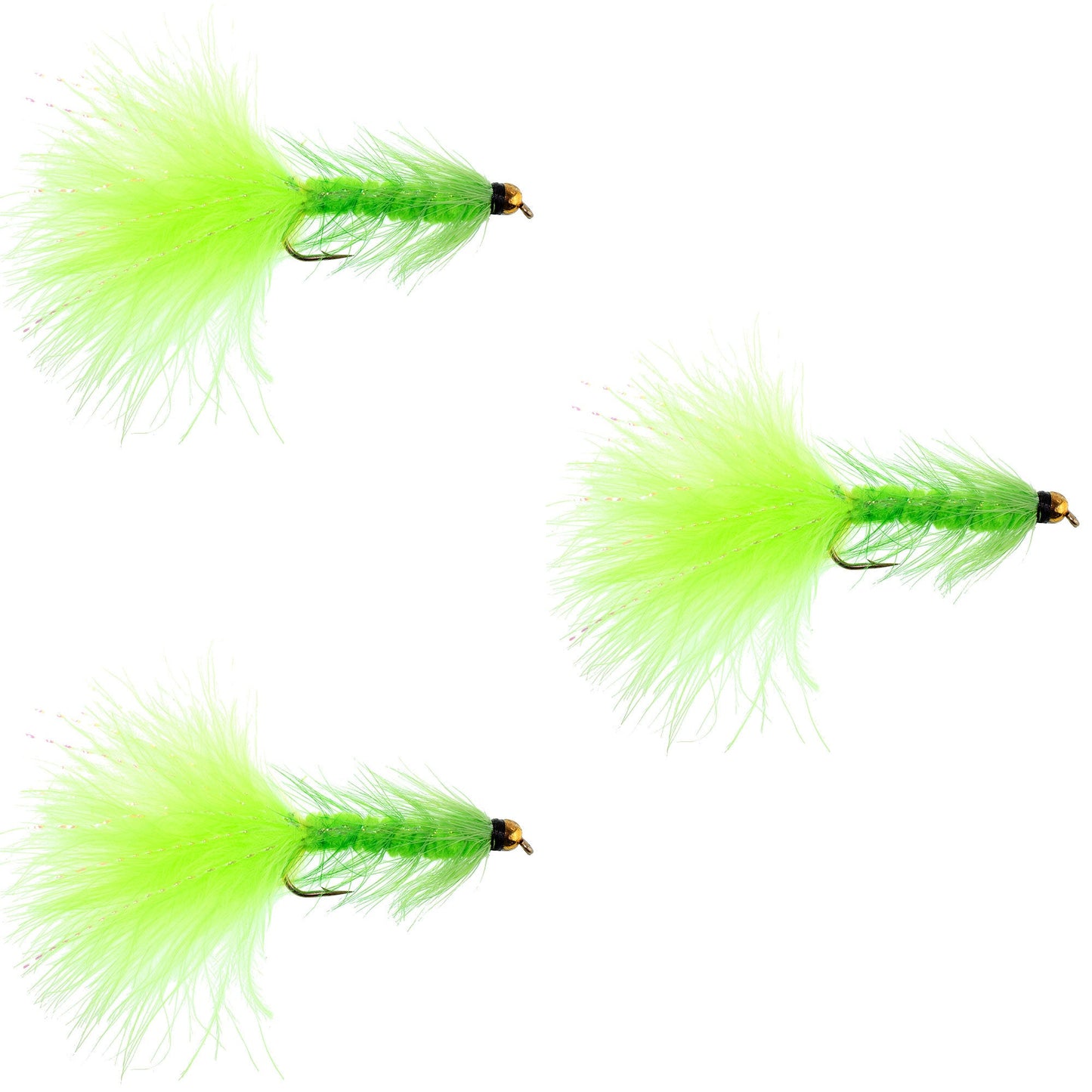 3 Pack Chartreuse Bead Head Crystal Woolly Bugger Streamer Fly - Size 8