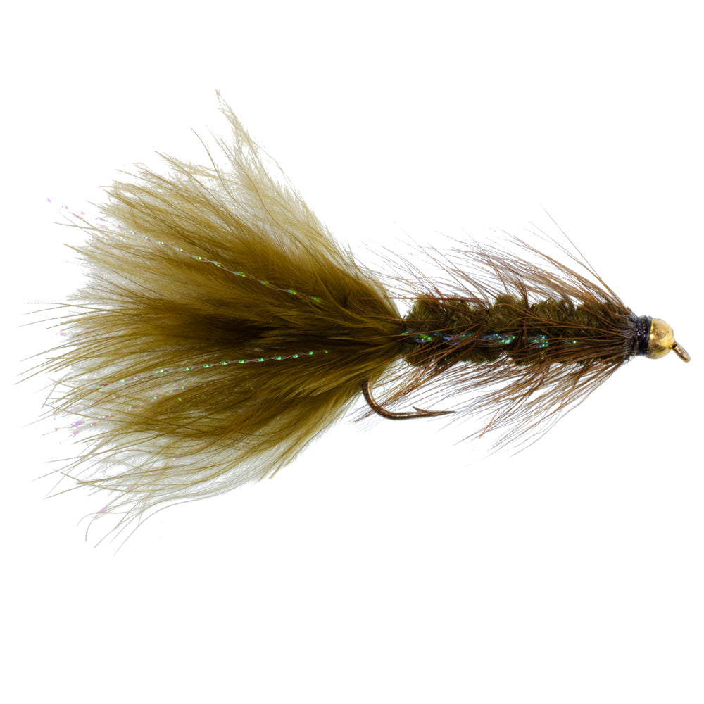 Dark Olive Bead Head Crystal Woolly Bugger Streamer Fly - 6 Flies - Size 4