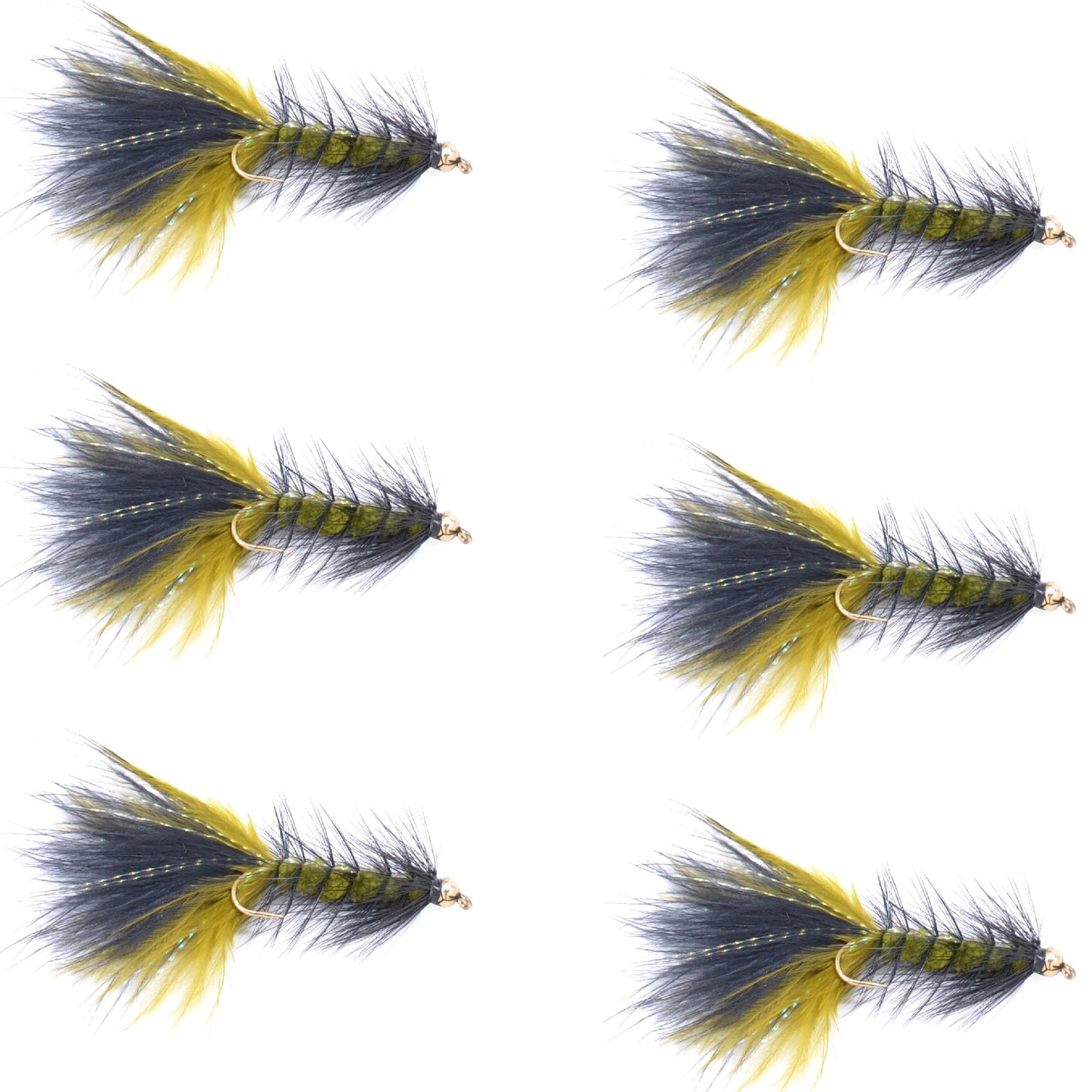 Olive Black Bead Head Crystal Woolly Bugger Streamer - 6 Flies - Size 8