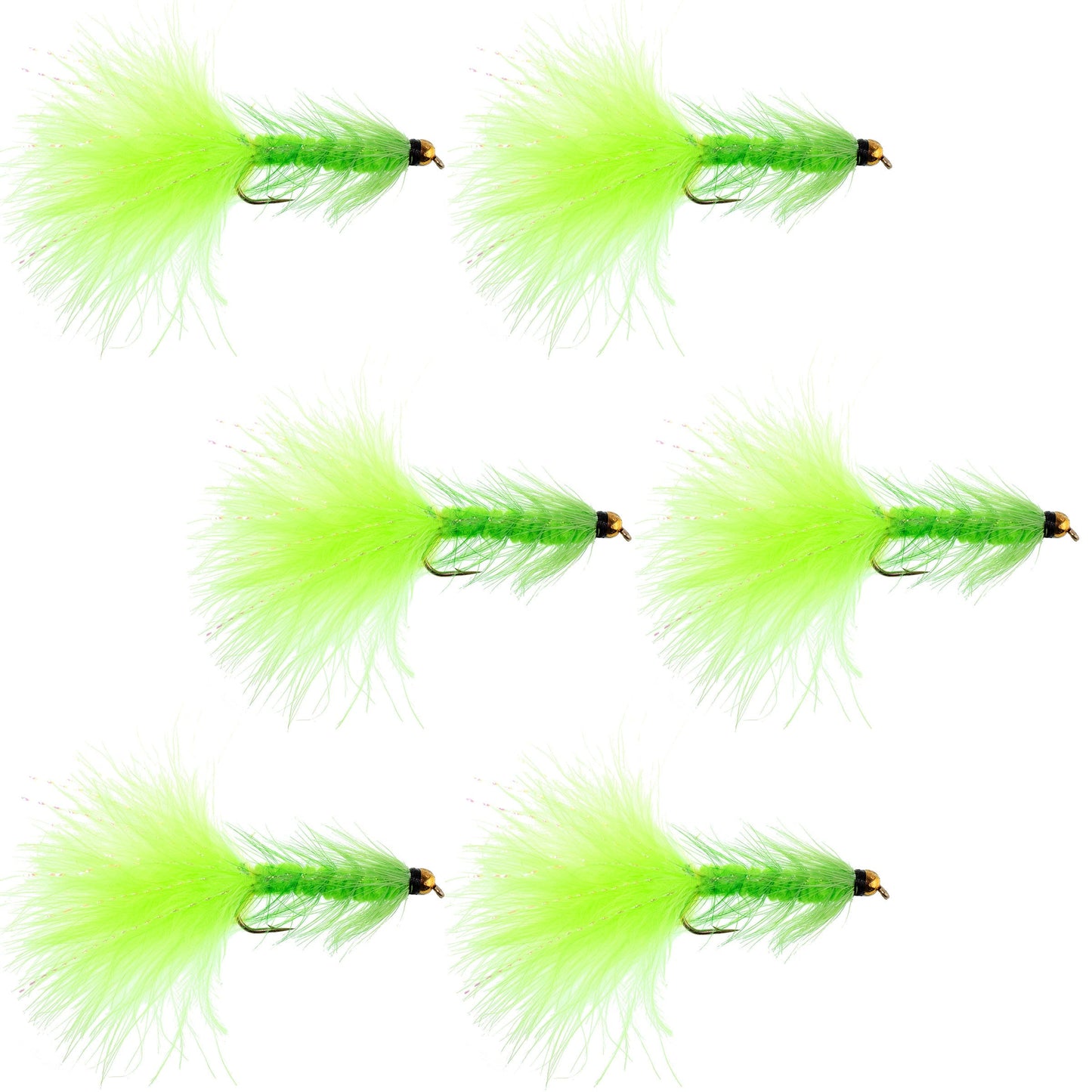 Chartreuse Bead Head Crystal Woolly Bugger Streamer - 6 Flies - Size 4