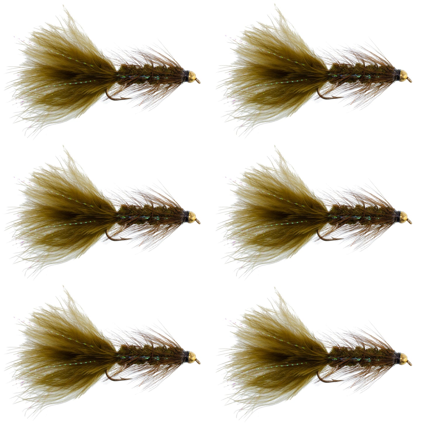 Dark Olive Bead Head Crystal Woolly Bugger Streamer - 6 Flies - Size 8