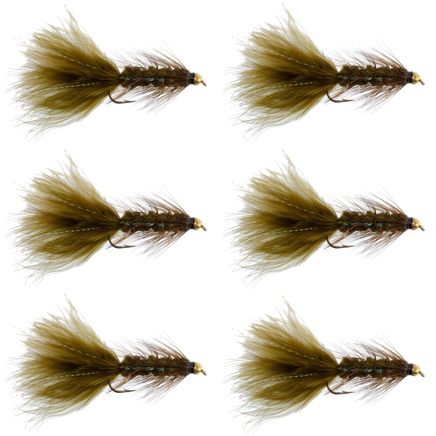 Dark Olive Bead Head Crystal Woolly Bugger Streamer Fly - 6 Flies - Size 4