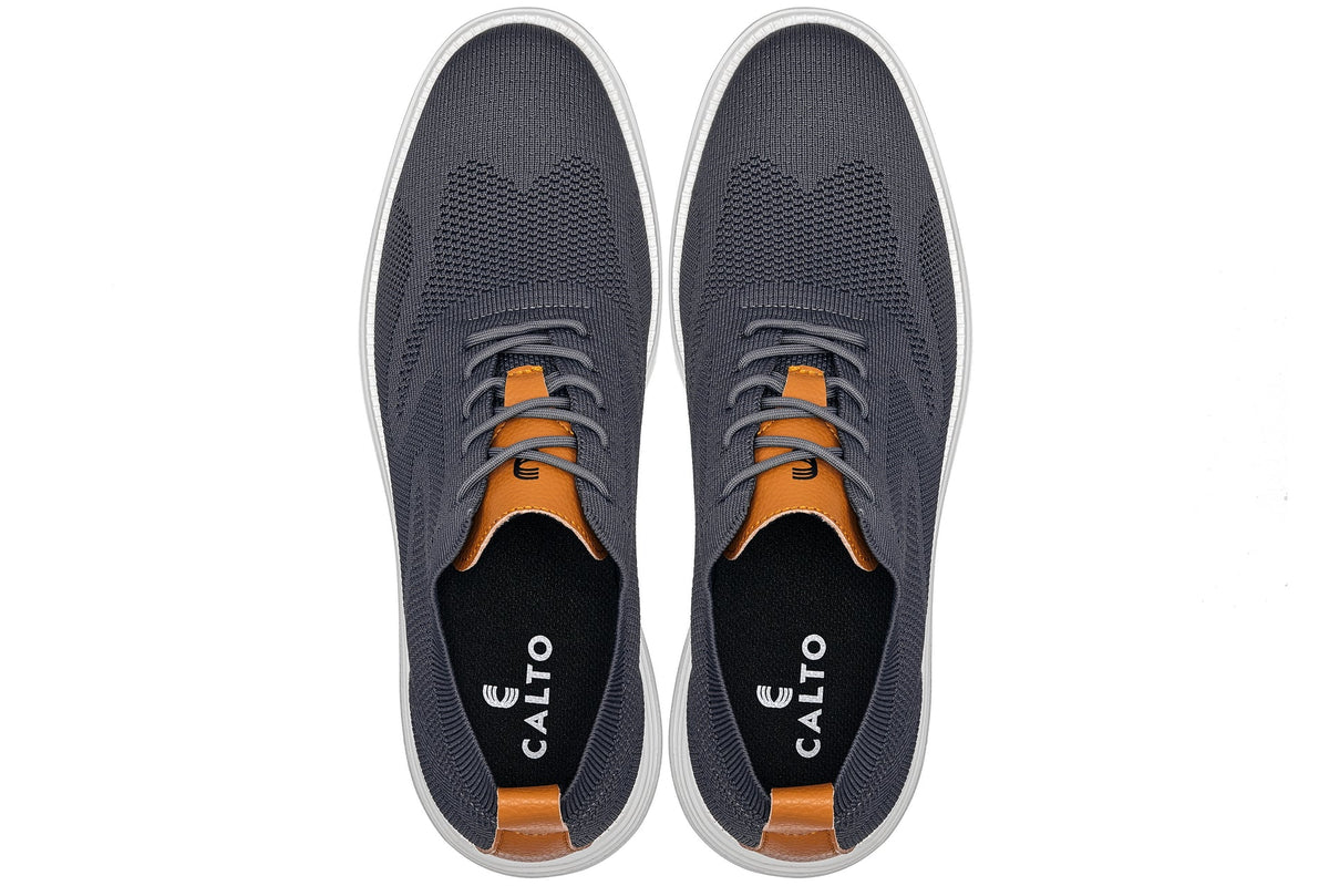 CALTO - X2636 - 2.8 Inches Taller (Iron Grey/Brown) - Lace Up Casual Walker - Lightweight
