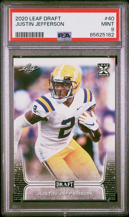 Graded 2020 Leaf Draft Justin Jefferson #40 Rookie RC Football Card PSA 9 Mint